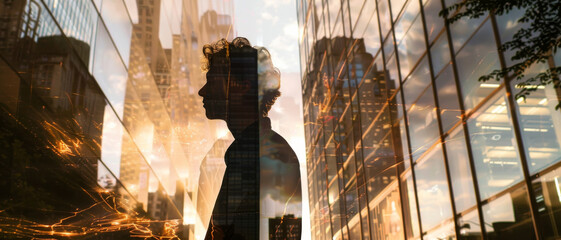 A silhouette of a person is blended with reflections of city skyscrapers and warm, glowing light, creating an abstract, dreamlike scene.