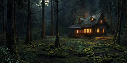 Sticker - Cozy Cabin in the Woods at Night.