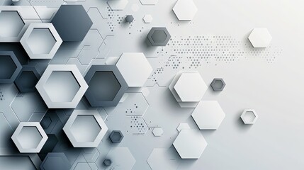 Abstract background featuring white and gray geometric hexagons with overlapping elements, incorporating a modern halftone effect