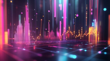 Poster - Futuristic 3D financial graph with abstract shapes and glowing data indicators.
