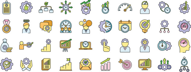 Sticker - Productivity icons set outline vector. Increase production. Work quality thin line color flat on white