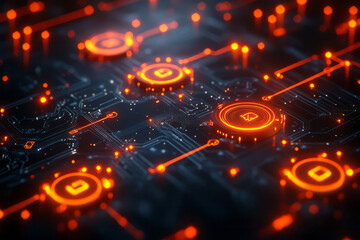 Poster - Futuristic image of a network map showing secure connections with glowing, protected nodes,