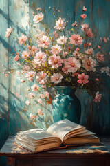 Poster - Abstract representation of a cozy study, with an open book and flowers painted in soft, pastel colors,