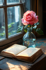 Poster - Minimalist scene of an open book on a study table, with a single rose in a glass vase beside it,