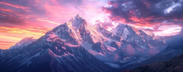 Poster - Majestic mountain range at dusk with the sky ablaze in vibrant colors, 4K hyperrealistic photo