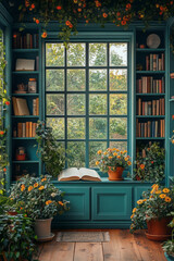 Poster - Realistic portrayal of a study nook, with an open book and a pot of blooming flowers adding a touch of nature,
