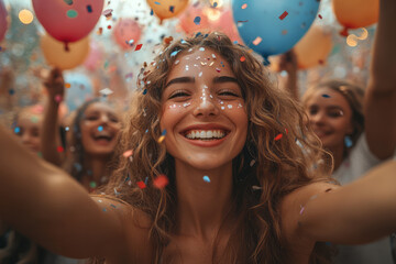 Poster - Whimsical depiction of an app development team celebrating the launch of their app, with confetti and balloons,