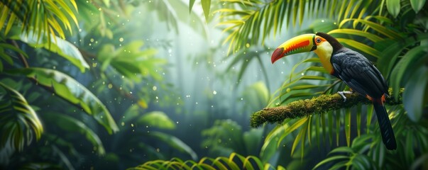 Wall Mural - Lush rainforest canopy with a vibrant toucan perched on a branch, 4K hyperrealistic photo