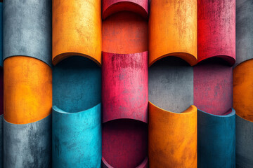 Aufkleber - Abstract composition of brightly colored 3D cylinders intersecting on a gray concrete backdrop,