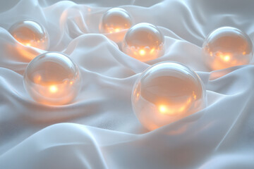 Leinwandbilder - Ethereal arrangement of luminous 3D orbs floating above a simple, textured fabric background,