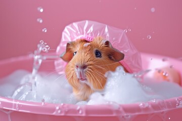 Wall Mural - a small brown and white guinea pig is in a bathtub