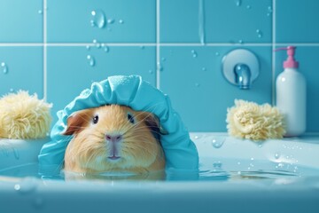 Wall Mural - A small brown and white guinea pig is in a bathtub