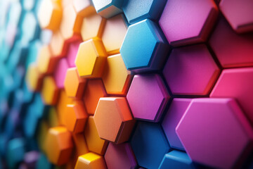 Leinwandbilder - Creative depiction of 3D hexagons in bright colors, interlocking on a plain white background,