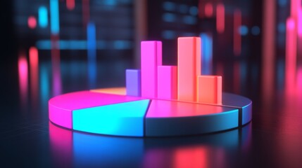 Poster - Glowing 3D financial pie chart with brightly illuminated segments against a dark background.