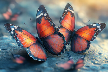 Leinwandbilder - Artistic illustration of 3D butterflies in vibrant tones, perched on a plain concrete background,