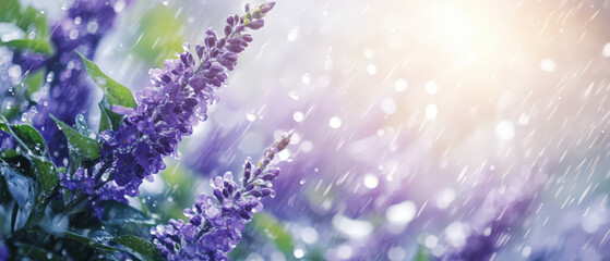 Sticker - A purple flower with raindrops on it. The flower is surrounded by green leaves. Scene is peaceful and calming