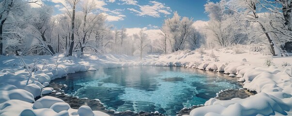 Poster - Hot spring in a snowy landscape, 4K hyperrealistic photo