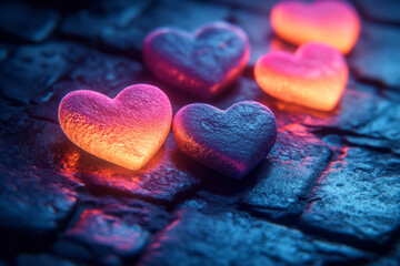 Poster - Minimalist arrangement of neon 3D hearts scattered on a plain black surface,