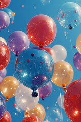 Poster - Whimsical illustration of bright 3D balloons floating against a clear blue sky backdrop,