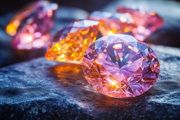 Poster - Clean and modern composition of 3D diamonds in vibrant colors on a smooth stone background,
