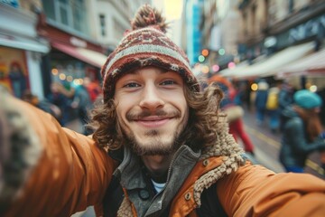 Young tourist taking selfie while visiting city