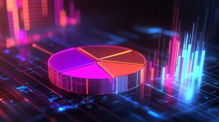 Leinwandbilder - Glowing 3D pie chart segments in a financial illustration with a radiant, high-tech look.