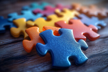 Aufkleber - Artistic portrayal of 3D puzzle pieces in bright tones, interlocking on a simple wooden table,