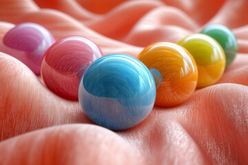 Poster - Elegant scene of colorful 3D spheres rolling on a smooth fabric surface,
