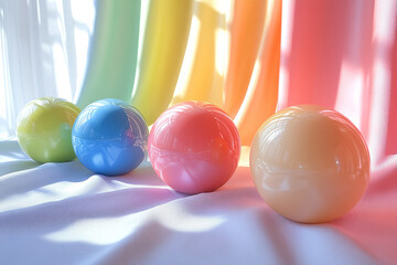 Leinwandbilder - Elegant scene of colorful 3D spheres rolling on a smooth fabric surface,