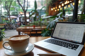 Poster - Coffee, Laptop, and Pen on a Wooden Table in a Cafe