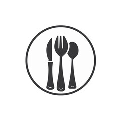 Black and White Icon of Knife, Fork, and Spoon in a Circle, generative ai image