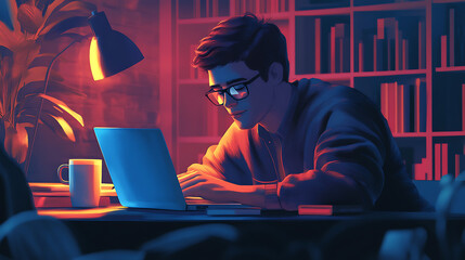 an adult learner studying late at night with a cup of coffee, surrounded by textbooks and a laptop o