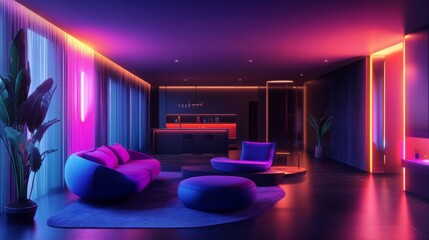 Fototapete - Glowing neon-lit room with black walls, featuring neon furniture and modern design.