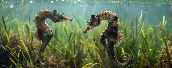 Wall Mural - Elegant seahorses dancing in the seagrass, 4K hyperrealistic photo