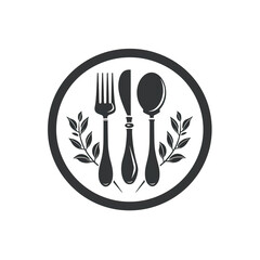 Black and White Icon of Fork, Knife, and Spoon with Leaf Design, generative ai image