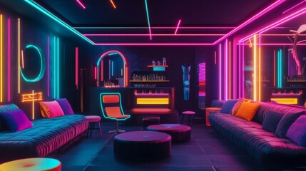 Fototapete - Glowing neon-lit room with black walls, featuring neon furniture and modern design.