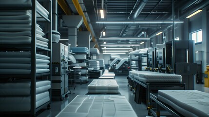 Sticker - Manufacturing Mattresses in a Large, Modern Factory During Daytime Operations