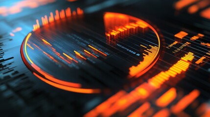 Poster - glowing segments in a 3d financial pie chart, showcasing market data with a radiant effect.