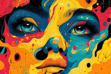 Aufkleber - Abstract representation of a maximalist book cover with eye-catching colors, large, bold typography, and layered, intricate designs,