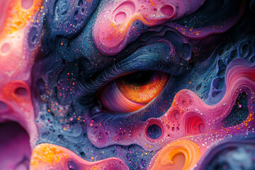 Aufkleber - Artistic portrayal of a maximalist digital art piece with neon colors, large, expressive fonts, and complex, overlapping patterns,
