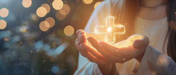 Glowing cross symbol cradled in open hands with warm bokeh background, evoking spirituality and hope.