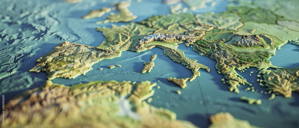 A raised, detailed map of Europe showing borders, mountains, rivers ...