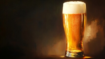 Poster - Golden beer in a tall glass, illuminated by warm, soft light, with a rich frothy head glistening invitingly.