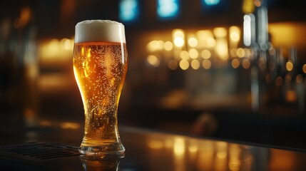 Poster - Golden beer in a tall glass, illuminated by warm, soft light, with a rich frothy head glistening invitingly.