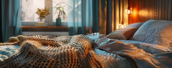 Canvas Print - Cozy bedroom with a soft bedspread, 4K hyperrealistic photo