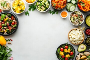 Wall Mural - Assortment of healthy food dishes. Top view. Free space for your text , ai