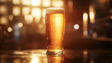 Poster - Golden beer in a tall glass, illuminated by warm, soft light, with a rich frothy head glistening invitingly.