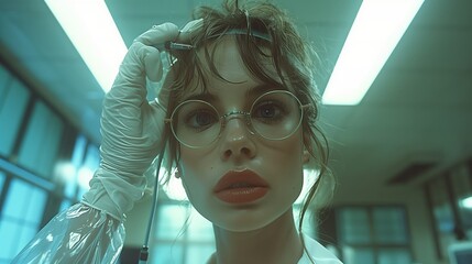 Poster - female scientist conducting experiment in laboratory setting during daytime hours