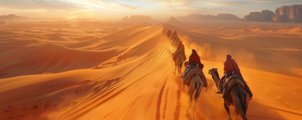 Wall Mural - Camel caravan traversing a seemingly endless desert landscape, 4K hyperrealistic photo