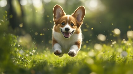 Aufkleber - Happy little Pembroke Welsh Corgi puppy bounding through a green clearing, full of energy and happiness.